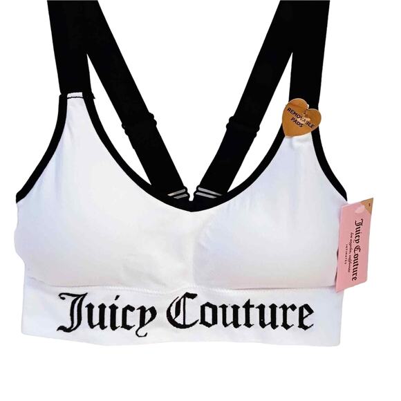 JUICY COUTURE Sports Bra Sz L WHITE Designer Signature Letters V Strap Yoga GIFT - Picture 1 of 14